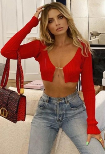 Knitted Red Long Sleeve Crop Top