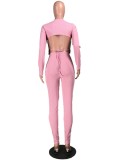 Pink Open Back Crop Top and High Waist Pants 2PCS Set