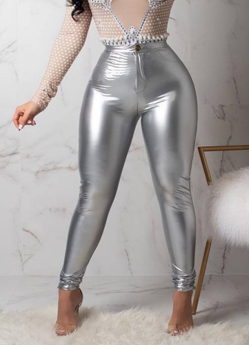 Grey High Waist Fit Leather Pants