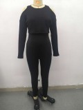 Black Cold Shoulder Short Sweater and Tight Pants 2PCS Set