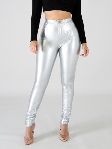 Grey High Waist Fit Leather Pants