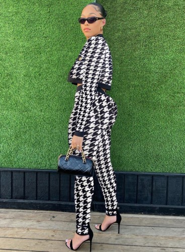 Houndstooth Print Crop Top and Pants 2PCS Set