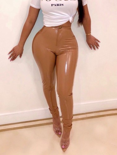 Brown High Waist Fit Leather Pants