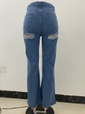 Blue Fashion Asymmetric Slit High Waist Flare Jeans