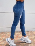 Stylish Blue Button Up Ripped High Waist Jeans