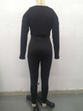 Black Cold Shoulder Short Sweater and Tight Pants 2PCS Set