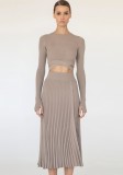 Khaki Elegant Knit Crop Top and Slit Pleated Midi Skirt 2PCS Set