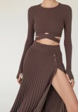 Brown Elegant Knit Crop Top and Slit Pleated Midi Skirt 2PCS Set