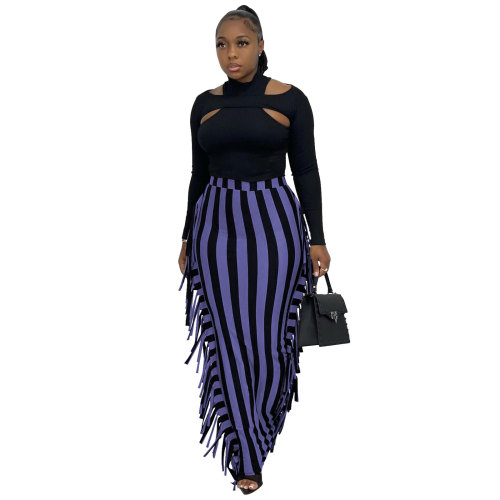 Purple Stripes Sides Fringe Bodycon Long Skirt