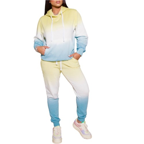 Casual Yellow Gradient Sweatsuits with Hood