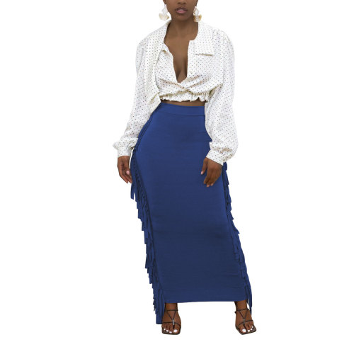 Blue Sides Fringe Bodycon Long Skirt