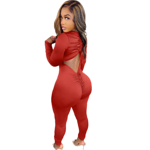 Red Scrunch Cut Out Sexy Bodycon Jumpsuits