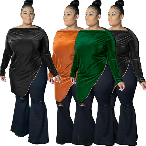 Green Velvet Zipper Long Sleeve Plus Size Irregular Top