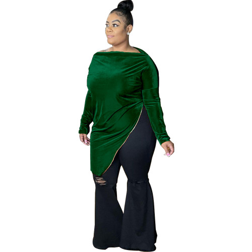 Green Velvet Zipper Long Sleeve Plus Size Irregular Top