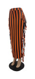 Orange Stripes Sides Fringe Bodycon Long Skirt