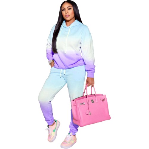 Casual Blue Gradient Sweatsuits with Hood