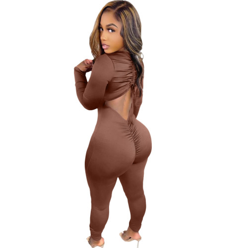 Brown Scrunch Cut Out Sexy Bodycon Jumpsuits