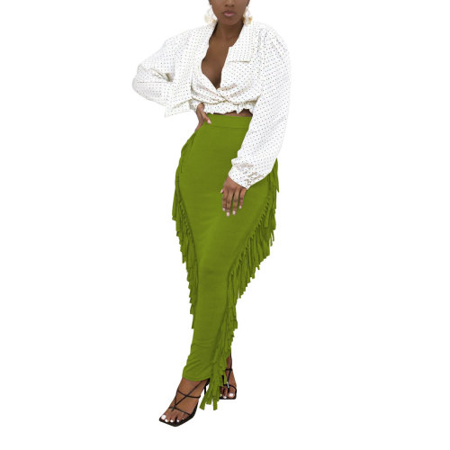 Green Sides Fringe Bodycon Long Skirt