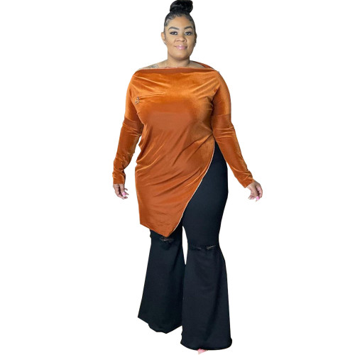 Velvet Orange Zipper Long Sleeve Plus Size Irregular Top