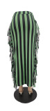 Green Stripes Sides Fringe Bodycon Long Skirt