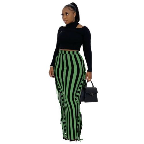 Green Stripes Sides Fringe Bodycon Long Skirt
