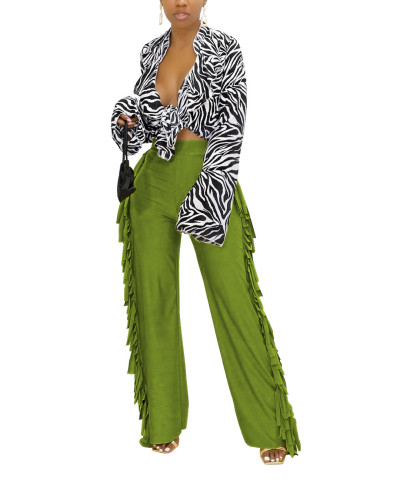 Green Sides Fringe Casual Pants