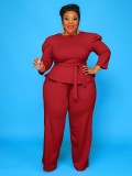 Plus Size Burgundy Long Sleeves O-Neck Top and Pants Two Piece Set