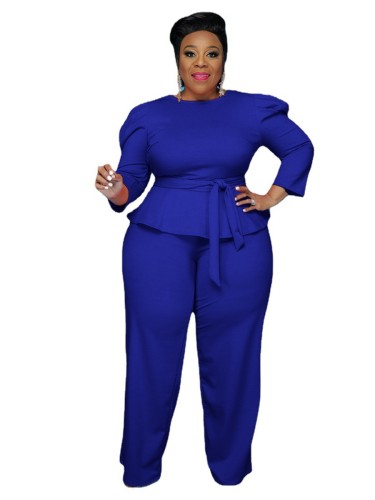 Plus Size Blue Long Sleeves O-Neck Top and Pants Two Piece Set