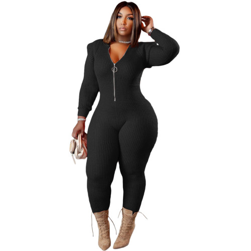 Black Knit Zip Up Bodycon Hooded Jumpsuits