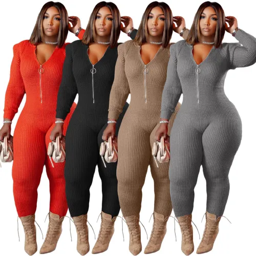 Khaki Knit Zip Up Bodycon Hooded Jumpsuits