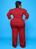 Plus Size Burgundy Long Sleeves O-Neck Top and Pants Two Piece Set