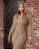 Gray Knit Zip Up Bodycon Hooded Jumpsuits