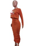 Christams Orange Print Long Sleeve Crop Top and Ruched Long Dress 2PCS Set
