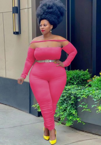 Plus Size Pink Off Shoulder Bodycon Long Sleeve Jumpsuit