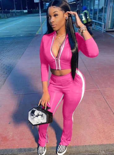 Pink Contrast Striped Zipper Tracksuit