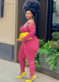 Plus Size Pink Off Shoulder Bodycon Long Sleeve Jumpsuit