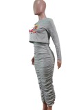 Christams Grey Print Long Sleeve Crop Top and Ruched Long Dress 2PCS Set