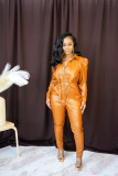 Orange PU Leather Zipper Turn Down Collar Puff Sleeve Jumpsuit