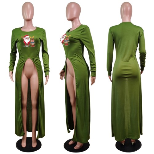Christams Green Print Full Sleeve Silt Long Dress