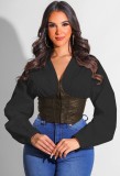 Black Contrast Pu Leather Corest Long Sleeve Blouse