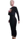 Christams Black Print Long Sleeve Crop Top and Ruched Long Dress 2PCS Set