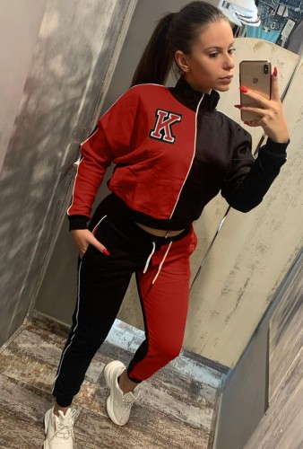 Letter Print Red Colorblock High Neck Trendy Tracksuits
