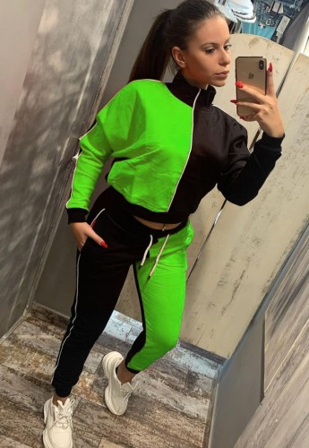 Green Contrast Color High Neck Zipper Fashion Tracksuits
