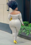 Plus Size Beige Off Shoulder Bodycon Long Sleeve Jumpsuit