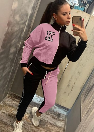 Letter Print Pink Colorblock High Neck Trendy Tracksuits