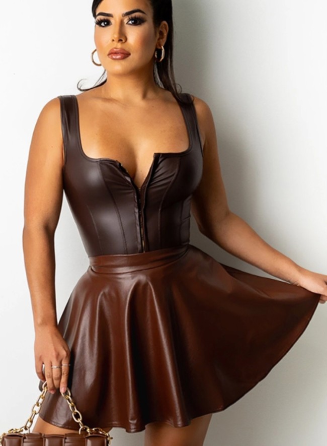 Brown PU leather Retro Mini Skater Skirt