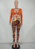 Orange Tie Around Long Sleeve Crop Top and Print Tight Pants 2PCS Set