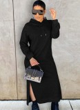 Black Long Sleeve Hooded Casual Slit Long Dress