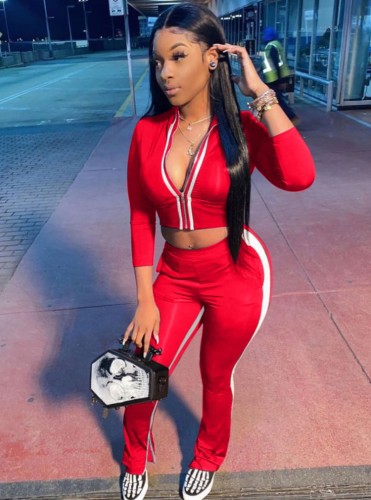 Red Contrast Striped Zipper Tracksuit