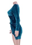 Blue Velour Twisted Long Sleeve Bodysuit and Slit Mini Skirt 2PCS Set